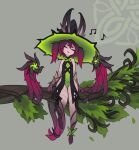  1girl arms_at_sides branch closed_eyes flat_chest hat highres leaf long_hair monster_girl music musical_note original plant plant_girl singing sitting_on_branch squeaky_(artist) tail thorns twintails vines witch witch_hat 