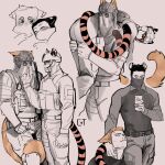  2boys absurdres animal_ears bara belt black_hair blonde_hair bulletproof_vest call_of_duty call_of_duty:_modern_warfare_2 carrying carrying_person cat_boy cat_ears cat_tail chibi closed_eyes covered_face finger_to_mouth helmet highres holding holding_phone horangi_(modern_warfare_2) jacket konig_(call_of_duty) looking_at_another male_focus mask mouth_mask multiple_boys muscular muscular_male pants partially_colored phone shirt short_hair shushing sundaycat3 sunglasses tail tiger_boy tiger_ears tiger_tail yaoi 