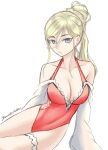  1girl azur_lane blonde_hair blue_eyes breasts casual_one-piece_swimsuit cleavage cosplay detached_sleeves hair_between_eyes kantai_collection large_breasts long_hair mole mole_under_eye mole_under_mouth name_connection one-hour_drawing_challenge one-piece_swimsuit ponytail red_one-piece_swimsuit rekka_yamato richelieu_(azur_lane) richelieu_(azur_lane)_(cosplay) richelieu_(fleuron_of_the_waves)_(azur_lane) richelieu_(kancolle) side-tie_swimsuit simple_background sitting solo swimsuit white_background yokozuwari 