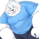  2023 anthro belly big_belly black_nose blush bottomwear canid canine canis clothing domestic_dog humanoid_hands kemono lifewonders live_a_hero male mammal overweight overweight_male pants saheul_s shirt simple_background solo topwear white_background white_body yohack 