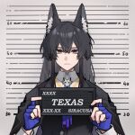  1girl animal_ear_fluff animal_ears arknights barbie_mugshot_(meme) black_coat black_hair black_vest blue_eyes blue_gloves blue_necktie character_name coat coat_on_shoulders collared_shirt commentary english_commentary erober fingerless_gloves gloves holding holding_sign long_hair looking_at_viewer meme mugshot necktie official_alternate_costume shirt sidelocks sign solo texas_(arknights) texas_the_omertosa_(arknights) two-tone_eyes upper_body vest white_shirt wolf_ears wolf_girl yellow_eyes 