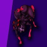  6_arms absurd_res anthro arachnid arthropod big_breasts big_butt black_clothing bodysuit breasts bugzilla butt clothing crawling female gloves handwear hi_res marvel multi_arm multi_limb multicolored_clothing on_wall purple_background red_clothing red_eyes red_gloves red_handwear simple_background skinsuit solo spider-man_(series) tight_clothing two_tone_clothing 
