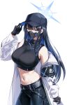  1girl absurdres bare_shoulders baseball_cap bee_doushi belt black_gloves black_hair black_headwear black_shirt blue_archive blue_eyes blue_hair blunt_bangs breasts coat commentary_request crop_top gloves halo hat head_tilt highres large_breasts long_hair long_sleeves looking_at_viewer mask midriff mouth_mask multicolored_hair navel open_clothes open_coat pants saori_(blue_archive) shirt sidelocks simple_background sleeveless sleeveless_shirt solo stomach two-tone_hair white_background white_coat 