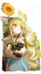  1girl animal_ears arknights bag black_cat blonde_hair blue_hairband blue_skirt blush brown_bag cardigan cat closed_mouth colored_tips commentary crossover flower flower_pot fox_ears fox_girl fox_tail frilled_hairband frills green_eyes hairband heixiu highres holding holding_flower_pot kitsune kyuubi long_hair long_sleeves luo_xiaohei luo_xiaohei_zhanji multicolored_hair multiple_tails neck_ribbon official_alternate_costume on_shoulder open_cardigan open_clothes puffy_long_sleeves puffy_sleeves red_ribbon ribbon shirt shoulder_bag skirt sunflower suzuran_(arknights) suzuran_(spring_praise)_(arknights) tail two-tone_hair white_hair white_shirt yellow_cardigan yukikochenk 