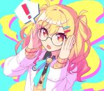  ! 1girl black_shirt blonde_hair blue_ribbon cardigan coat collared_shirt get_over_it._(project_sekai) highres isono_skyk lab_coat long_hair multicolored_background open_mouth project_sekai ribbon round_eyewear shirt solo speech_bubble tenma_saki twintails upper_body white_coat yellow_cardigan 