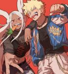  1boy 1girl animal_ears arm_on_shoulder bakugou_katsuki belt black_shirt blonde_hair blue_jacket boku_no_hero_academia breasts carrot choker crescent_necklace cross-laced_clothes cross-laced_top dark-skinned_female dark_skin fingernails food_in_mouth hair_between_eyes hand_in_pocket highres jacket jewelry kawaharaaisu large_breasts long_eyelashes long_hair looking_at_viewer mirko necklace pants parted_bangs rabbit_ears rabbit_girl red_background red_eyes see-through see-through_shirt shirt short_hair smile spiked_choker spiked_hair spikes teeth tongue tongue_out uneven_eyes v v-shaped_eyebrows very_long_hair white_hair 