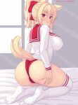  1girl :o animal_ears ass blonde_hair blush breasts cat_ears cat_girl cat_tail commentary english_commentary from_behind full_body hair_ornament highres kneeling large_breasts long_hair long_sleeves looking_at_viewer looking_back nottytiffy open_mouth original panties patreon_username ponytail red_eyes red_panties soles solo tail thighhighs thighs tiffy_(nottytiffy) underwear white_thighhighs 