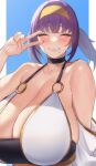  1girl absurdres bare_shoulders black_choker blood_hood blush breasts choker cleavage closed_eyes collarbone ella_(blood_hood) facing_viewer grin hairband hand_up highres huge_breasts mole mole_under_mouth original purple_hair smile upper_body v 