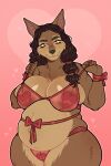  anthro big_breasts black_hair blizzard_entertainment breasts brown_body brown_fur canid clothing dislaikable female fur hair hi_res invalid_tag lingerie long_hair looking_at_viewer mammal orange_eyes pregnant slightly_chubby smile solo szaris warcraft were werecanid wide_hips worgen 