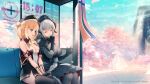  2girls absurdres azur_lane bare_shoulders bench black_gloves black_headwear blonde_hair blue_sky braid breasts bus_stop capelet cherry_blossoms cherry_tree cleavage clock copyright demon_horns dress frilled_dress frills fujisaki_hikari gloves grey_hair hair_bun half_gloves highres horns leipzig_(azur_lane) logo looking_at_another mountain multiple_girls no_panties nuernberg_(azur_lane) official_art pale_skin purple_eyes single_hair_bun sky smile thighhighs thighs twin_braids 