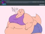  2018 4:3 5_fingers anthro ask_blog batspid2 belly big_belly big_breasts blue_clothing bottomwear breasts cleavage clothed clothing crop_top cutoffs denim denim_clothing dialogue digital_drawing_(artwork) digital_media_(artwork) english_text exclamation eyebrows eyelashes female fingers flabby_arms flat_colors frill_(anatomy) head_crest head_frill huge_breasts juna_(batspid2) lizard love_handles membrane_(anatomy) membranous_frill morbidly_obese morbidly_obese_anthro morbidly_obese_female navel obese obese_anthro obese_female open_mouth overweight overweight_anthro overweight_female pink_body pink_skin purple_clothing purple_eyes reptile scalie shirt shorts simple_background smile solo tail text three-quarter_view topwear 