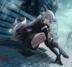  :d animal_ear_fluff animal_ears arknights black_footwear black_gloves black_jacket black_skirt blood boots building commentary_request from_side gloves grey_eyes grey_hair hair_ornament hairclip high_heel_boots high_heels jacket knees_up lappland_(arknights) long_hair long_sleeves looking_at_viewer looking_to_the_side open_clothes open_jacket outdoors pleated_skirt rain saiko_(saisaka) sitting skirt smile tail very_long_hair wet 