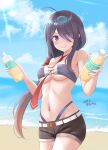  1girl ahoge ame-san ariake_(kancolle) beach bikini black_hair bottle brown_shorts cowboy_shot eyewear_on_head gradient_hair hair_over_one_eye highleg highleg_bikini highres horizon kantai_collection long_hair low-tied_long_hair low_ponytail multicolored_hair necktie ocean official_alternate_costume orange_hair purple_bikini purple_eyes purple_hair red_necktie shorts smile solo strapless strapless_bikini sunglasses swimsuit 