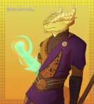  absurd_res anthro bottomwear clothed clothing cosmic_noodle digital_media_(artwork) dragonborn_(dnd) dungeons_and_dragons eyes_closed fist hasbro hi_res horn male mouth_closed multicolored_body reptile scalie shaded shirt simple_background solo tail topwear wizards_of_the_coast 