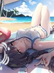  1girl :o absurdres beach beach_towel beach_umbrella bikini black_hair blue_archive blue_sky breasts cloud collarbone day halo highres knees_up looking_at_viewer lying medium_breasts miyu_(blue_archive) miyu_(swimsuit)_(blue_archive) mountainous_horizon nail_polish ocean official_alternate_costume open_mouth outdoors palm_tree print_bikini red_eyes sky solo stone_(ksorede) swimsuit towel tree umbrella white_bikini 