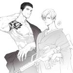  2boys abs absurdres alternate_body_hair alternate_costume bara bare_pectorals beard chris_redfield facial_hair feet_out_of_frame greyscale gun hadanugi_dousa hand_on_own_neck highres holding holding_gun holding_weapon japanese_clothes kimono large_hands large_pectorals leon_s._kennedy looking_at_viewer male_focus mature_male monochrome multiple_boys muscular muscular_male naijarski nipples open_clothes open_kimono pectorals resident_evil resident_evil_6 samurai scar short_hair standing stubble weapon 