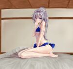  1girl bikini blue_bikini blue_eyes closed_mouth commentary_request frilled_bikini frills full_body grey_hair highres indoors long_hair looking_at_viewer mikotouca mononobe_no_futo no_headwear pom_pom_(clothes) ponytail ribbon-trimmed_sleeves ribbon_trim sitting smile solo swimsuit touhou variant_set 
