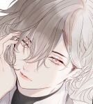  1boy androgynous bishounen close-up expressionless grey_eyes grey_hair hair_between_eyes head_rest long_hair male_focus msa_(fary_white) original red_pupils sketch solo white_background 