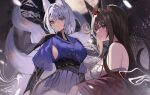  2girls akagi_(azur_lane) akagi_(dawn_phoenix&#039;s_summons)_(azur_lane) animal_ears arm_guards azur_lane breasts brown_tail chinese_clothes eyeliner eyeshadow fox_ears fox_girl fox_tail hanfu japanese_clothes kaga_(azur_lane) kaga_(dusk-simurgh&#039;s_vigil)_(azur_lane) kimono kitsune komuer kyuubi makeup multiple_girls multiple_tails off_shoulder official_alternate_costume open_clothes open_kimono red_kimono short_hair sideboob tail white_hair white_tail 