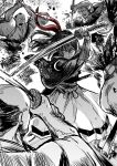 1girl 4boys arm_up armor arms_up bald battle beard blocking blood bow death decapitation facial_hair fighting_stance floating_hair greyscale hair_bow hakama highres holding holding_sword holding_weapon isekai_samurai japanese_armor japanese_clothes katana kimono kote long_hair looking_at_viewer monochrome multiple_boys open_mouth ponytail red_bow red_pupils samurai sanpaku scar scar_on_face scar_on_nose smile spot_color standing sword tomoenage_(fpjm9ojkncuqttx) topknot tsukitsuba_ginko two-handed v-shaped_eyebrows weapon wide_sleeves yukata 