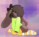  2023 accessory anthro big_ears brown_body brown_fur brown_hair butt clothing dappoyo_(skydev) fur green_clothing hair hair_accessory hi_res lagomorph legwear leporid male mammal scut_tail short_tail simple_background skydev solo tail thigh_highs yellow_eyes 