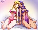  2021 2girls artist_name blonde_hair blue_eyes breasts dated earrings jewelry medium_breasts mina_cream multiple_girls navel pointy_ears princess_hilda princess_zelda purple_hair red_eyes see-through the_legend_of_zelda the_legend_of_zelda:_a_link_between_worlds triforce 