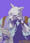  1boy absurdres adjusting_eyewear alternate_costume animal_ears black-framed_eyewear bleach dress_shirt glasses hand_up highres holding holding_newspaper komamura_sajin kubo_tite newspaper official_art purple_background shirt simple_background solo suspenders upper_body white_shirt wolf_boy wolf_ears 