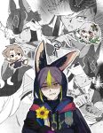  1girl 3boys absurdres albedo_(genshin_impact) animal_ears black_gloves black_hair chibi chibi_inset collage_background crossed_arms cyno_(genshin_impact) flower genshin_impact gloves green_eyes green_hair hair_between_eyes highres hood hood_down hoodie medal multicolored_hair multiple_boys multiple_views nahida_(genshin_impact) parody parted_lips shaded_face solo_focus sweat tamayadayo tighnari_(genshin_impact) two-tone_hair upper_body yellow_flower yu-gi-oh! 