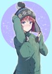  1girl alternate_costume aran_sweater azami_masurao bangs black_headwear blue_eyes blush cable_knit chullo closed_mouth commentary_request green_sweater hand_on_own_head hat highres hisui_(tsukihime) long_sleeves looking_at_viewer red_hair short_hair sleeves_past_wrists solo sweater tsukihime turtleneck turtleneck_sweater winter_clothes 