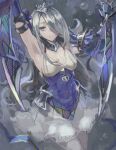  1girl armpits arms_up blue_dress bubble closed_mouth dress duel_monster grey_hair hair_over_one_eye holding holding_sword holding_weapon kazo_(kazozakazo) lock long_hair purple_eyes reverse_grip solo sword tearlaments_havnis tiara upper_body weapon yu-gi-oh! 