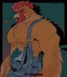  2023 anthro areola avian barazoku beak biceps blue_body blue_feathers brown_beak brown_body brown_feathers chest_tuft clothed clothing digital_media_(artwork) eyebrows feathers hi_res horn male musclegut muscular muscular_anthro muscular_male nipples non-mammal_nipples overalls pecs solo tail_feathers timdoodles tuft were wereavian werebird werechicken 