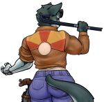  ambiguous_gender anthro bottomwear clothing crowbar denim denim_bottomwear denim_clothing felid female fur grey_body grey_fur holster jeans lostwisdom mammal muscular pantherine pants robotic_arm solo tail tools 
