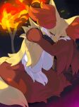  anthro breasts delphox female fur generation_6_pokemon hi_res kame_3 looking_at_viewer nintendo pokemon pokemon_(species) red_body red_eyes red_fur simple_background solo stick 