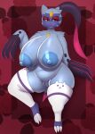  2023 anthro areola belly big_areola big_breasts biped blue_body breasts cat_stockings clothing curvy_figure female front_view generation_8_pokemon genitals hi_res huge_breasts legwear looking_at_viewer mostly_nude navel nintendo nipples orange_eyes pandashorts pattern_background pokemon pokemon_(species) pussy red_background simple_background slightly_chubby sneasler solo standing stockings thick_thighs underwear voluptuous wide_hips 