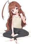  1girl :d ahoge bare_arms bare_shoulders black_pantyhose brown_hair cameltoe claw_pose collarbone commentary_request fang flat_chest full_body huge_ahoge indian_style kantai_collection kuma_(kancolle) long_hair looking_at_viewer nassukun no_shoes open_mouth pantyhose red_eyes sitting smile solo spread_legs stirrup_legwear tank_top toeless_legwear toes yellow_tank_top 