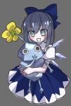  1girl black_eyes blue_bow blue_dress blue_eyes blue_skin bow cirno collared_shirt colored_skin commentary_request crossover dress eyelashes fairy fairy_wings flower grey_background grey_hair hair_bow hand_on_own_face ice ice_pikmin ice_wings light_blush no_mouth open_mouth pikmin_(creature) pikmin_(series) puffy_short_sleeves puffy_sleeves shirt short_hair short_sleeves sleeveless sleeveless_dress smile tepes017rotten touhou triangle_print white_shirt white_trim wings yellow_flower 