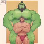  2boys averting_eyes back_hair bara beard beefburner blush bulge chest_hair colored_skin couple crossed_arms facial_hair feet_out_of_frame green_skin hands_on_own_hips highres interspecies large_bulge leg_hair light_frown loincloth long_beard looking_to_the_side male_focus male_underwear mature_male monster_boy multiple_boys muscular muscular_male mustache nipples nose_piercing nose_ring orc original piercing pointy_ears red_male_underwear short_hair shy size_difference standing strongman_waist thick_eyebrows thick_thighs thighs tied_beard topless_male tusks underwear yaoi 