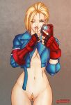 1girl bilcassonato bottomless cammy_white female_pubic_hair finger_to_mouth holding holding_phone naughty_face one_eye_closed phone pubic_hair pussy selfie solo street_fighter twitter_username 