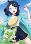  1girl :d aqua_eyes black_hair black_shorts cloud coat commentary_request cowboy_shot cowlick day eyelashes grass green_coat hair_ornament hairclip hand_up higashi_(pixiv_17706769) highres holding holding_poke_ball liko_(pokemon) looking_at_viewer open_clothes open_coat open_mouth outdoors poke_ball poke_ball_(basic) pokemon pokemon_(anime) pokemon_(creature) pokemon_horizons shirt shorts sky smile sprigatito standing teeth tongue upper_teeth_only white_shirt yellow_bag 