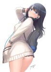  1girl arched_back arm_up ass backpack bag black_hair blue_eyes blush breasts cardigan cowboy_shot earphones from_behind gridman_universe hand_in_pocket hand_to_head legs_together long_hair long_sleeves looking_at_viewer looking_back medium_breasts microskirt parted_lips pleated_skirt scrunchie shiny_skin signature simple_background skirt solo ssss.gridman standing sweater takarada_rikka thighs tony_taka white_background white_cardigan wrist_scrunchie 