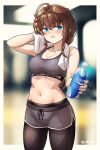  1girl ahoge arthur_ko black_pantyhose blue_eyes blush bottle braid brand_name_imitation breasts brown_hair cleavage collarbone cowboy_shot groin hair_between_eyes hair_flaps highres holding holding_bottle kantai_collection large_breasts long_hair looking_at_viewer navel open_mouth pantyhose pocari_sweat shigure_(kancolle) shigure_kai_ni_(kancolle) single_braid solo twitter_username 