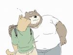  2023 anthro bear belly big_belly black_nose blush bottomwear brown_body canid canine canis clothing domestic_dog duo eyes_closed hi_res kemono kissing male mammal overweight overweight_male pants pommn_mn shirt topwear 