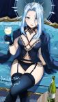  1girl alcohol artist_request black_choker black_gloves black_panties black_thighhighs blue_eyes bottle breasts choker couch crossed_legs cup drinking_glass forehead garter_belt gift_art gloves hair_ornament hand_up highres holding holding_cup indie_virtual_youtuber lace_trim lingerie long_hair looking_at_viewer medium_breasts monarch_(amalee) navel on_shoulder panties parted_lips shirt_on_shoulders signature sitting solo table thank_you thighhighs thighs tiara underwear white_hair 