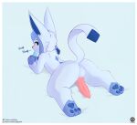  absurd_res anthro anus balls eeveelution erection feral food generation_4_pokemon genitals glaceon hi_res knot looking_back lying male nintendo on_front pawpads penis pokemon pokemon_(species) popsicle senz solo sploot tail text url 