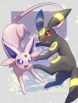  :d artist_name border bright_pupils commentary_request espeon fang forehead_jewel full_body gem grey_border highres no_humans nullma open_mouth outside_border pokemon pokemon_(creature) purple_eyes red_eyes red_gemstone signature simple_background smile umbreon yellow_pupils 