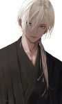  1boy absurdres bani-lizo black_jacket black_kimono blonde_hair blue_eyes closed_mouth expressionless hair_between_eyes hair_ornament hair_over_shoulder haori highres jacket japanese_clothes kimono kudou_kiyoka lips long_hair looking_at_viewer low_ponytail male_focus simple_background solo tassel tassel_hair_ornament upper_body watashi_no_shiawase_na_kekkon white_background 