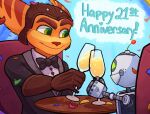  2023 anthro assassyart beverage bow_tie brown_clothing brown_gloves brown_handwear brown_nose brown_stripes chair champagne_glass cheek_tuft clank_(ratchet_and_clank) clothing duo eyebrows facial_tuft food fruit fur furniture gloves green_eyes handwear headgear headwear hi_res lemon lombax machine male mammal onomatopoeia plant ratchet ratchet_and_clank robot sony_corporation sony_interactive_entertainment sound_effects striped_body striped_fur stripes suit table text tuft yellow_body yellow_fur 