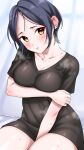  1girl absurdres black_shirt blue_hair blush breast_hold breasts cleavage collarbone earrings hand_on_own_arm hands_on_own_breasts hayami_kanade highres idolmaster idolmaster_cinderella_girls jewelry larmen_sennin looking_at_viewer medium_breasts parted_bangs shirt short_hair solo wet yellow_eyes 