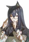  1girl animal_ear_fluff animal_ears arknights black-framed_eyewear black_capelet black_hair brown_eyes capelet ear_piercing glasses hair_between_eyes hands_up highres jacket long_sleeves looking_at_viewer muningjiewuchang parted_lips piercing puffy_long_sleeves puffy_sleeves semi-rimless_eyewear simple_background solo texas_(arknights) under-rim_eyewear upper_body white_background white_jacket 