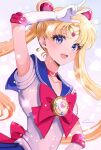 1girl back_bow bishoujo_senshi_sailor_moon blonde_hair blue_eyes blue_sailor_collar blue_skirt bow bowtie choker circlet crescent crescent_earrings double_bun earrings elbow_gloves gloves gold_earrings hair_bun highres jewelry koharumichi long_hair parted_bangs pleated_skirt red_bow red_bowtie red_choker sailor_collar sailor_moon shirt short_sleeves simple_background skirt solo tsukino_usagi twintails very_long_hair white_background white_gloves white_shirt 